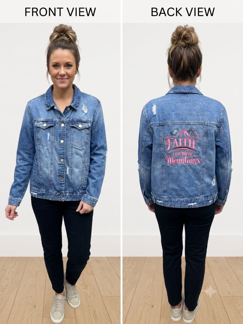 Faith Can Move Mountains Women’s Blue Denim Jacket with Pink Back Embroidery